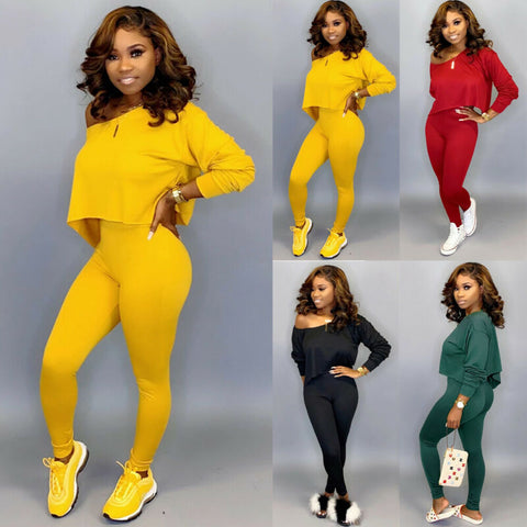 Women 2 Piece Outfits Long Sleeve Off Shoulder Crop Top Pants Set