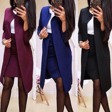 2Pcs Office Lady Autumn Solid Color Long Blazer Jacket sets