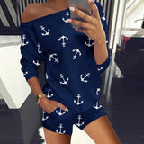 Off Shoulder Boat Anchor Print Two Piece Sets