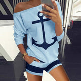 Off Shoulder Boat Anchor Print Two Piece Sets