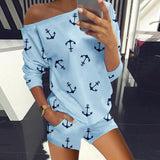 Off Shoulder Boat Anchor Print Two Piece Sets