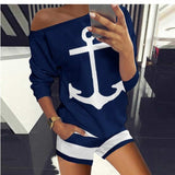 Off Shoulder Boat Anchor Print Two Piece Sets