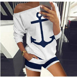 Off Shoulder Boat Anchor Print Two Piece Sets