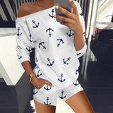 Off Shoulder Boat Anchor Print Two Piece Sets